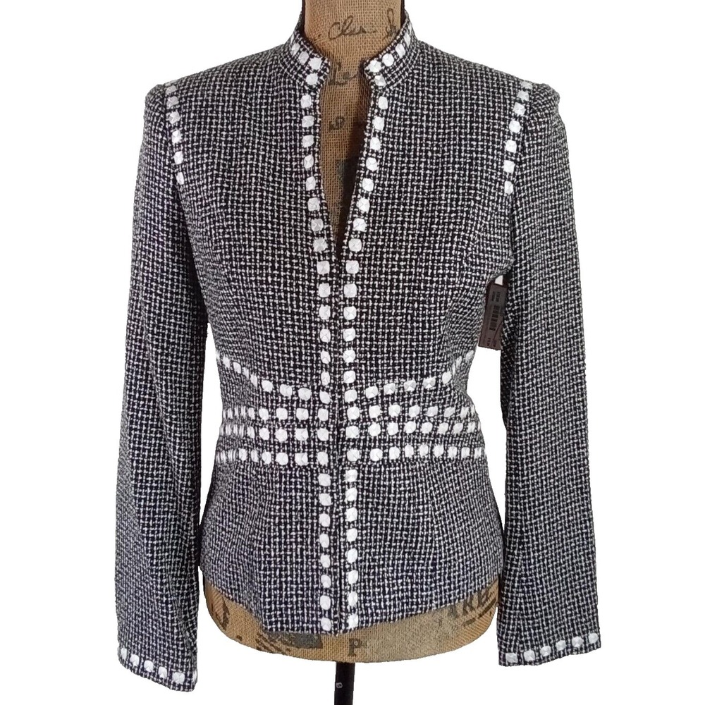 MODA International Jacket Blazer Size 6 Black Tweed White Dot Hook Eye Closure